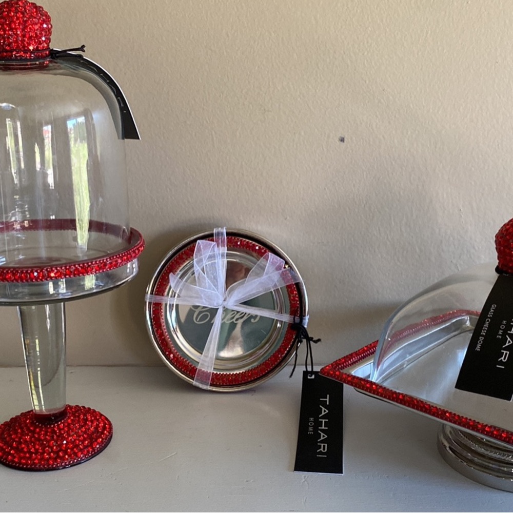 Beautiful Tahari red rhinestone glass cheese domes and drink coasters